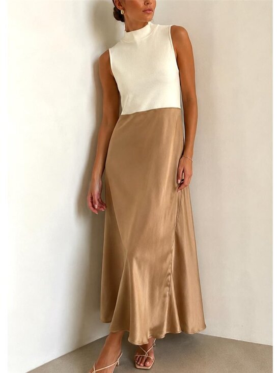 Zara Dresses & Skirts - Zara Mock Neck Combination Midi Dress Satin Effect Tan Ivory Minimalist S